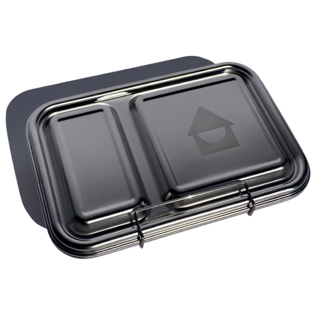 Stainless steel bento box with 2 compartments respectively. Sustainable, eco-friendly, and zero plastic lunchbox alternative.